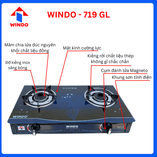 Bếp gas đôi để bàn mặt kính Windo - 719GL