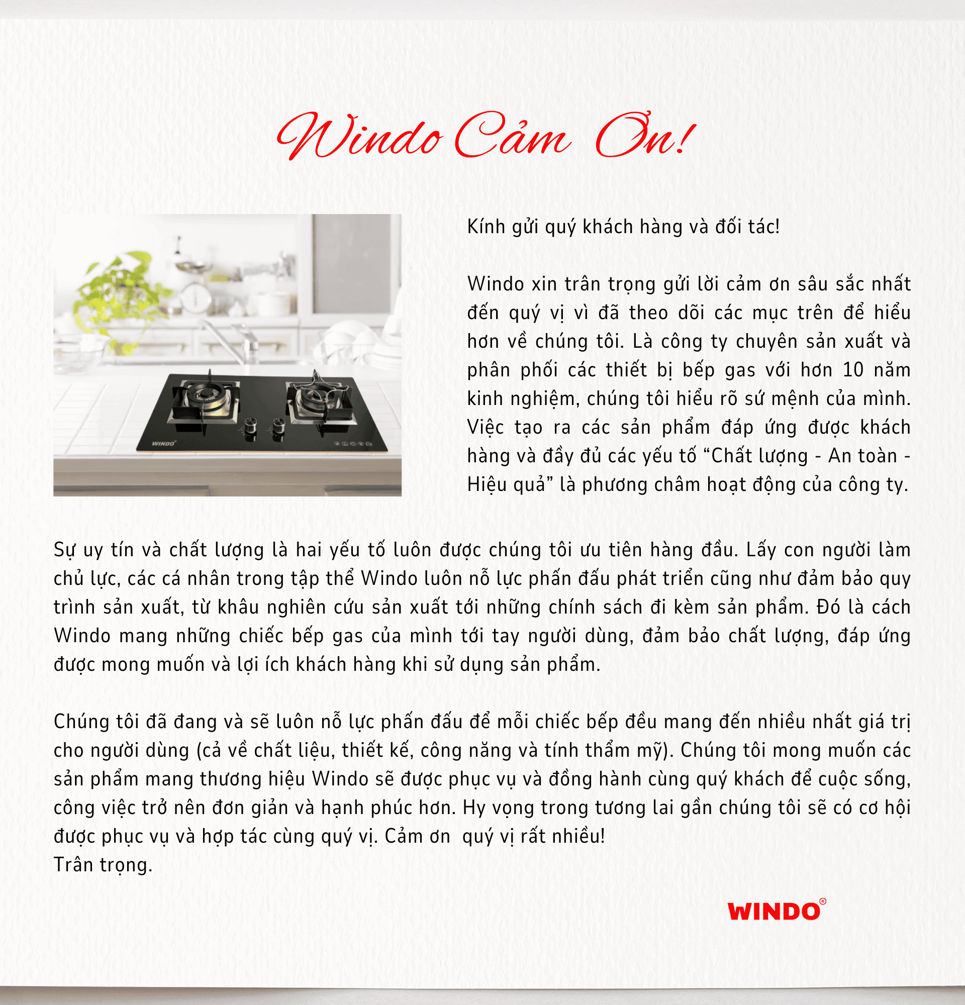 Thư cảm ơn WINDO